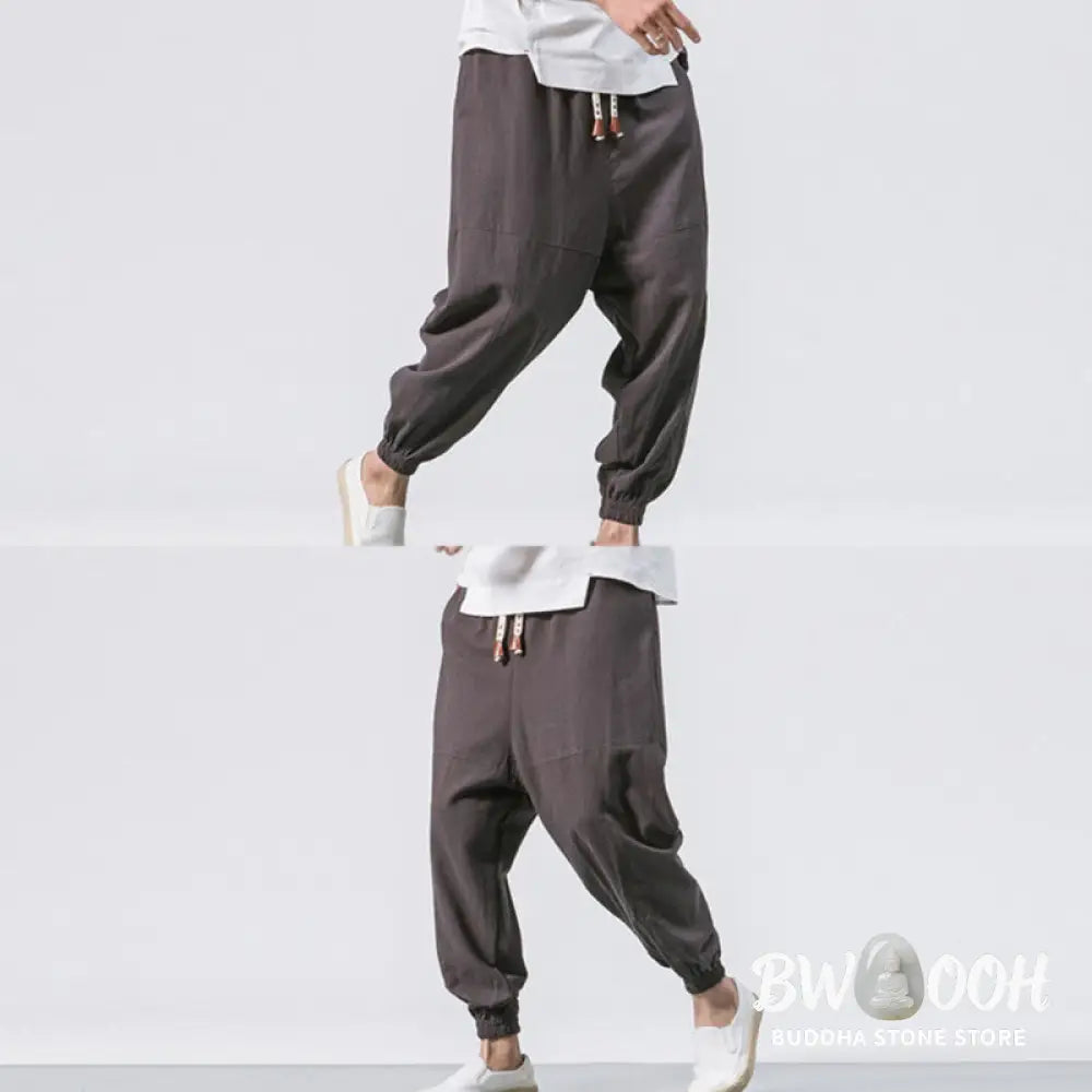 Buddha Stones Men’s Plain Simple Drawstring Design Cotton Harem Pants With Pockets - Men’s Tapered Pants