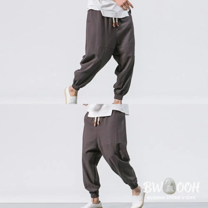Buddha Stones Men’s Plain Simple Drawstring Design Cotton Harem Pants With Pockets - Men’s Tapered Pants
