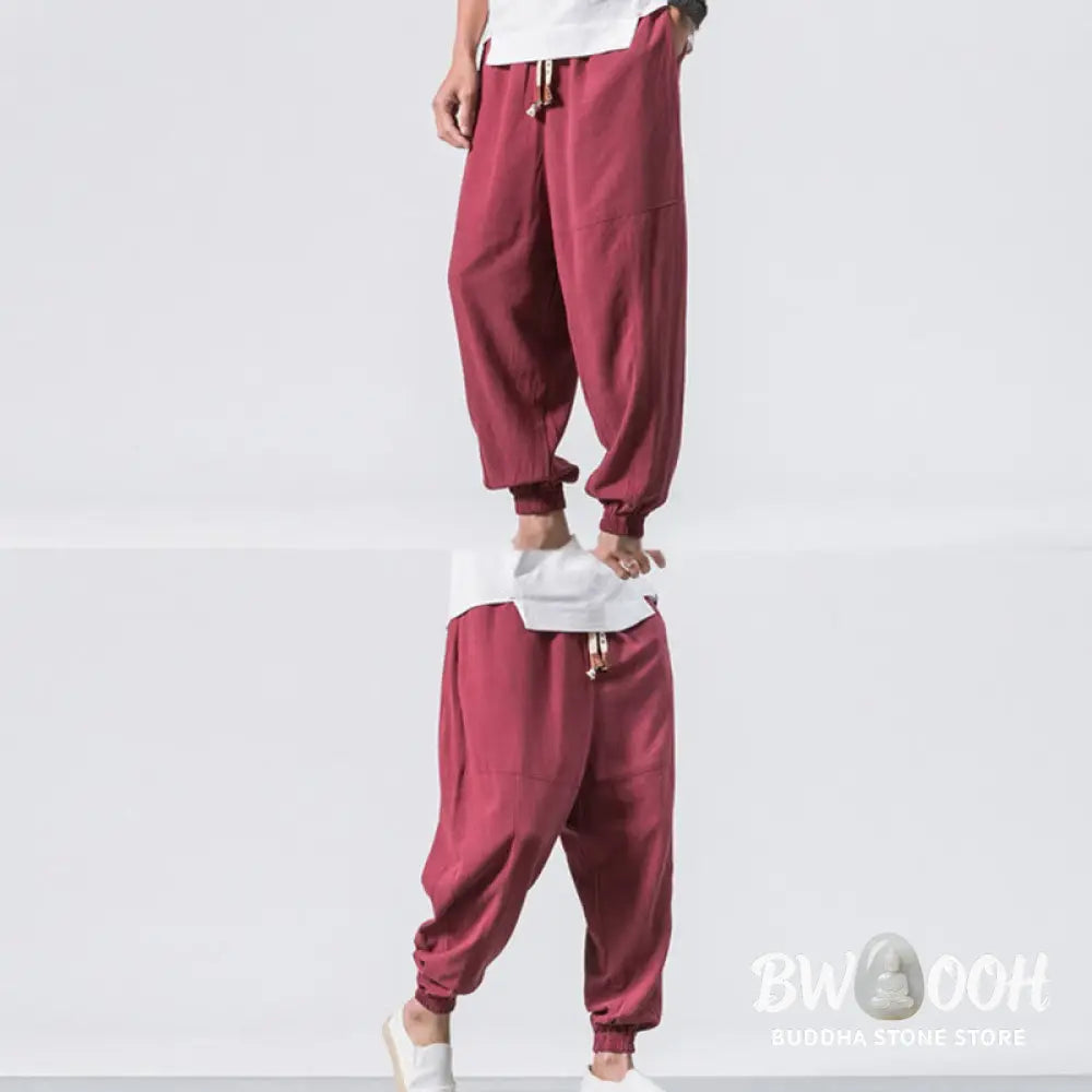 Buddha Stones Men’s Plain Simple Drawstring Design Cotton Harem Pants With Pockets - Men’s Tapered Pants