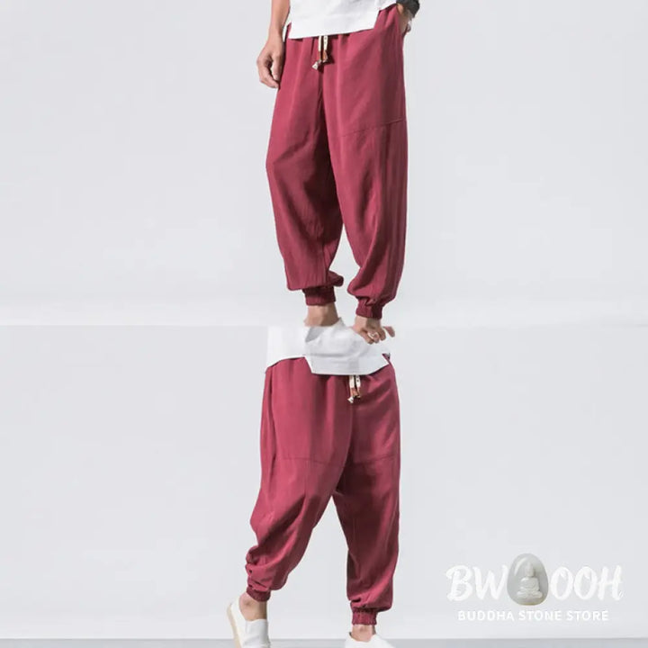 Buddha Stones Men’s Plain Simple Drawstring Design Cotton Harem Pants With Pockets - Men’s Tapered Pants