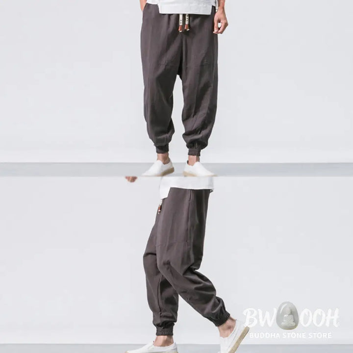 Buddha Stones Men’s Plain Simple Drawstring Design Cotton Harem Pants With Pockets - Men’s Tapered Pants