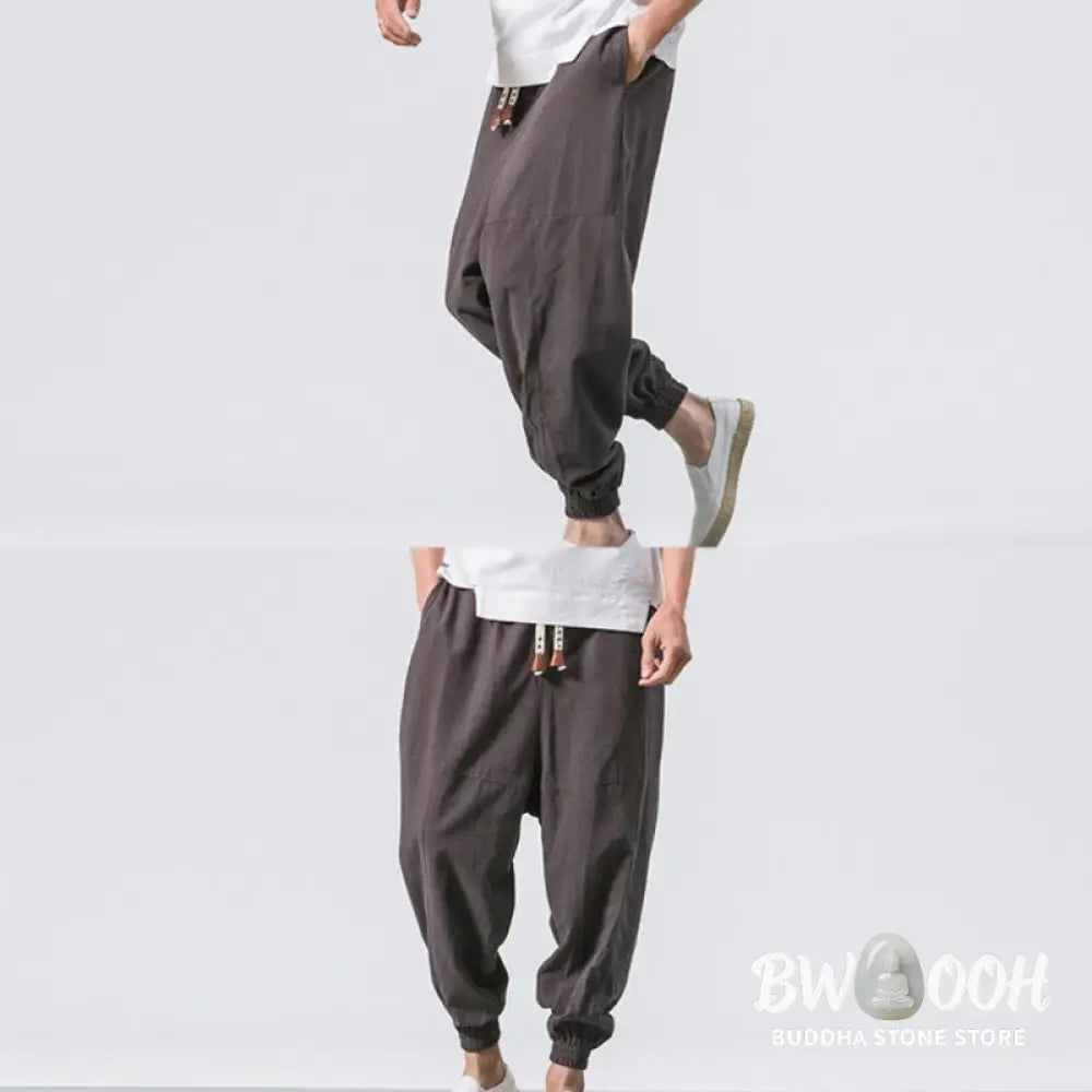 Buddha Stones Men’s Plain Simple Drawstring Design Cotton Harem Pants With Pockets - Men’s Tapered Pants