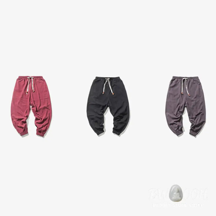 Buddha Stones Men’s Plain Simple Drawstring Design Cotton Harem Pants With Pockets - Men’s Tapered Pants