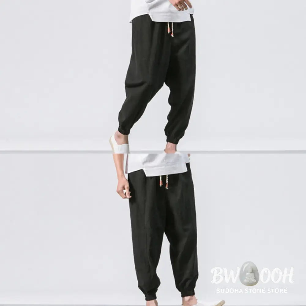 Buddha Stones Men’s Plain Simple Drawstring Design Cotton Harem Pants With Pockets - Men’s Tapered Pants