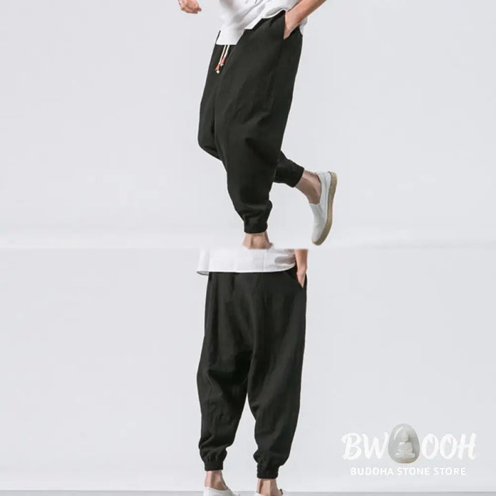 Buddha Stones Men’s Plain Simple Drawstring Design Cotton Harem Pants With Pockets - Men’s Tapered Pants