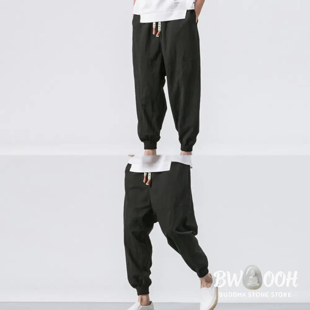 Buddha Stones Men’s Plain Simple Drawstring Design Cotton Harem Pants With Pockets - Men’s Tapered Pants
