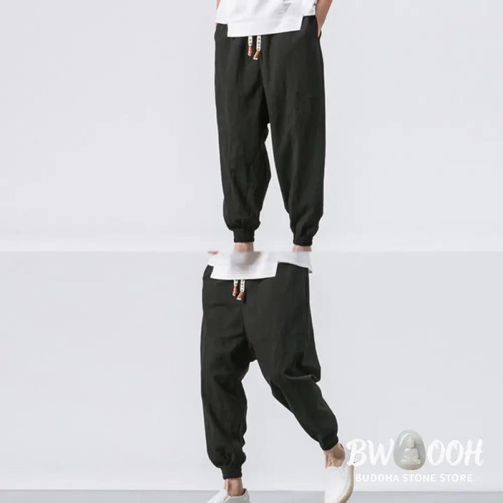 Buddha Stones Men’s Plain Simple Drawstring Design Cotton Harem Pants With Pockets - Men’s Tapered Pants