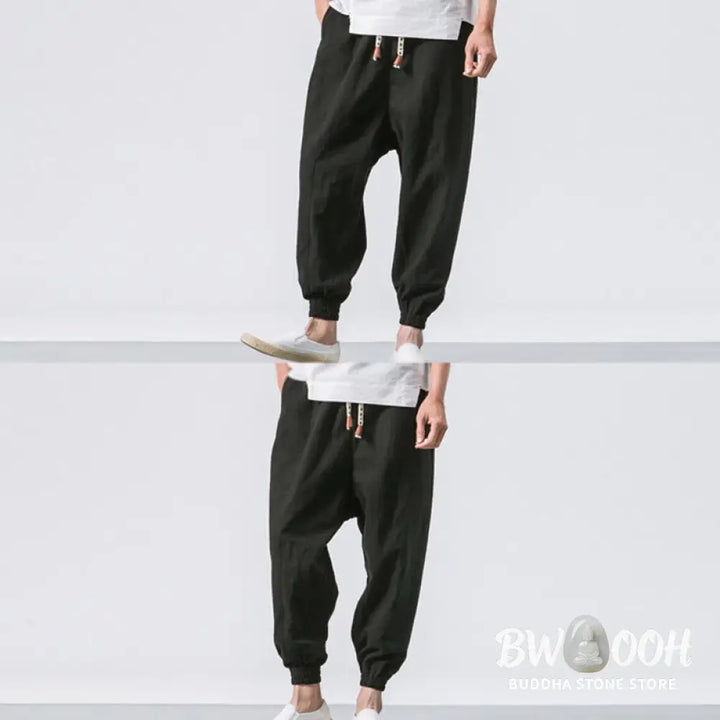 Buddha Stones Men’s Plain Simple Drawstring Design Cotton Harem Pants With Pockets - Men’s Tapered Pants