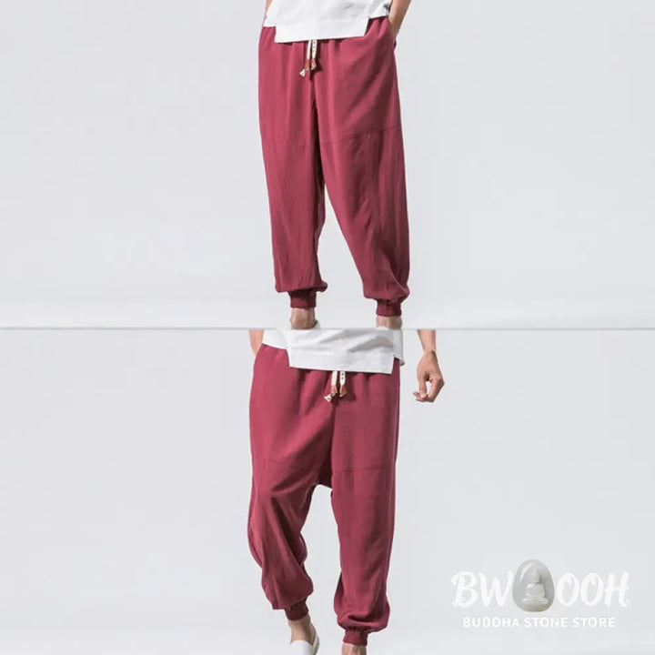 Buddha Stones Men’s Plain Simple Drawstring Design Cotton Harem Pants With Pockets - Men’s Tapered Pants