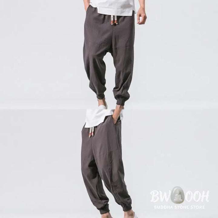 Buddha Stones Men’s Plain Simple Drawstring Design Cotton Harem Pants With Pockets - Men’s Tapered Pants
