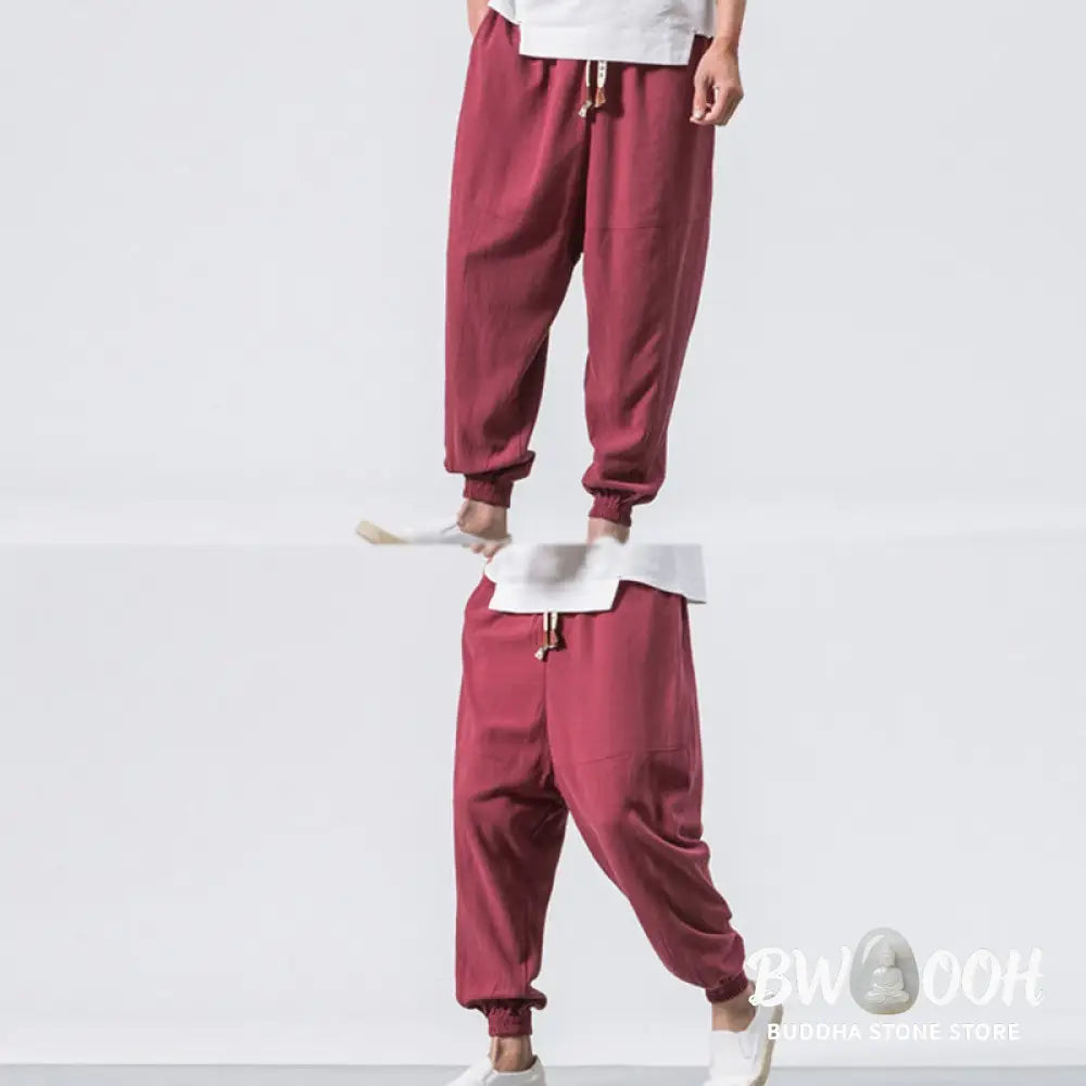 Buddha Stones Men’s Plain Simple Drawstring Design Cotton Harem Pants With Pockets - Men’s Tapered Pants