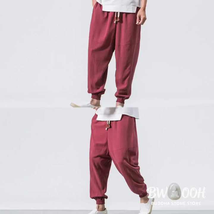 Buddha Stones Men’s Plain Simple Drawstring Design Cotton Harem Pants With Pockets - Men’s Tapered Pants