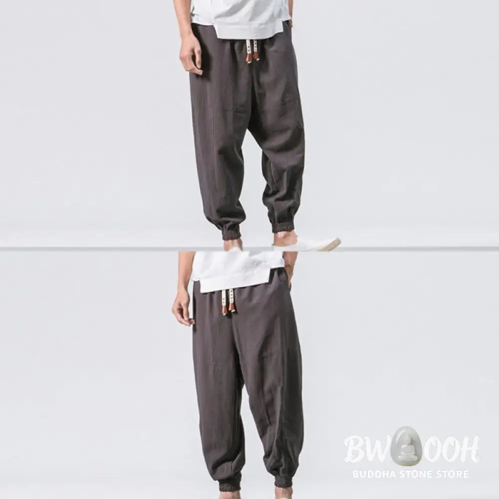 Buddha Stones Men’s Plain Simple Drawstring Design Cotton Harem Pants With Pockets - Men’s Tapered Pants