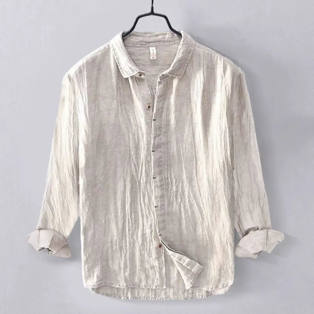 Buddha Stones Men’s Shirt Solid Color Lapel Top Long Sleeve Comfy Button Crease Cotton Linen Shirt - Beige
