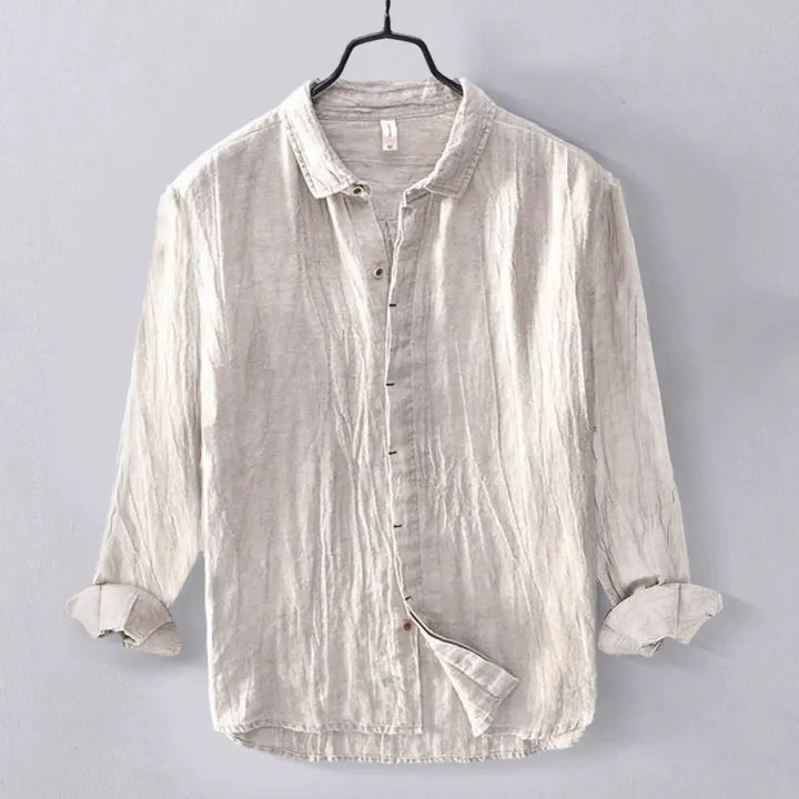 Buddha Stones Men’s Shirt Solid Color Lapel Top Long Sleeve Comfy Button Crease Cotton Linen Shirt - Beige