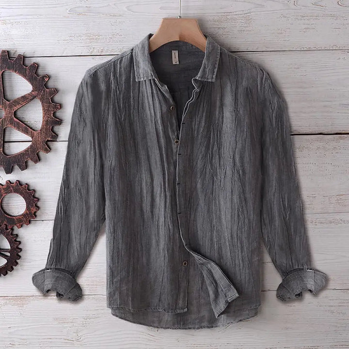 Buddha Stones Men’s Shirt Solid Color Lapel Top Long Sleeve Comfy Button Crease Cotton Linen Shirt - Gray
