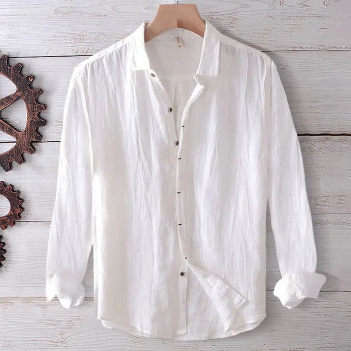 Buddha Stones Men’s Shirt Solid Color Lapel Top Long Sleeve Comfy Button Crease Cotton Linen Shirt - White