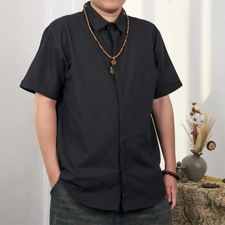 Buddha Stones Men’s Short Sleeve Button Casual Cotton Linen Shirt - Black / US/UK/AU34，EU44 (S) - Men’s Shirts