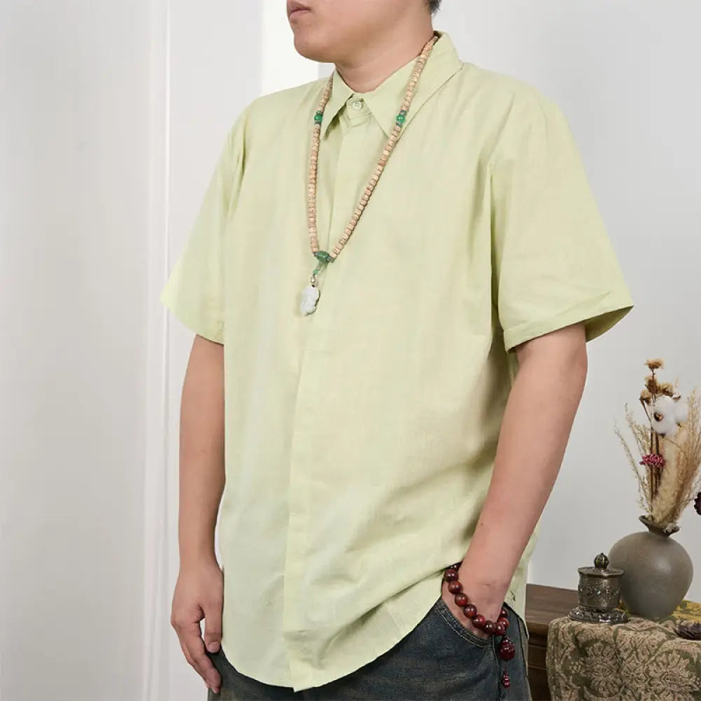 Buddha Stones Men’s Short Sleeve Button Casual Cotton Linen Shirt - LightGreen / US/UK/AU34，EU44 (S) - Men’s Shirts