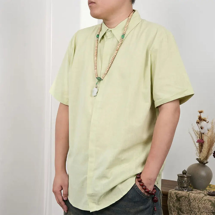 Buddha Stones Men’s Short Sleeve Button Casual Cotton Linen Shirt - LightGreen / US/UK/AU34，EU44 (S) - Men’s Shirts