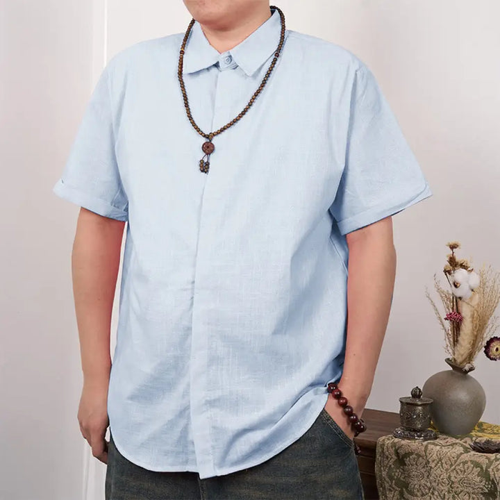 Buddha Stones Men’s Short Sleeve Button Casual Cotton Linen Shirt - LightSkyBlue / US/UK/AU34，EU44 (S) - Men’s Shirts