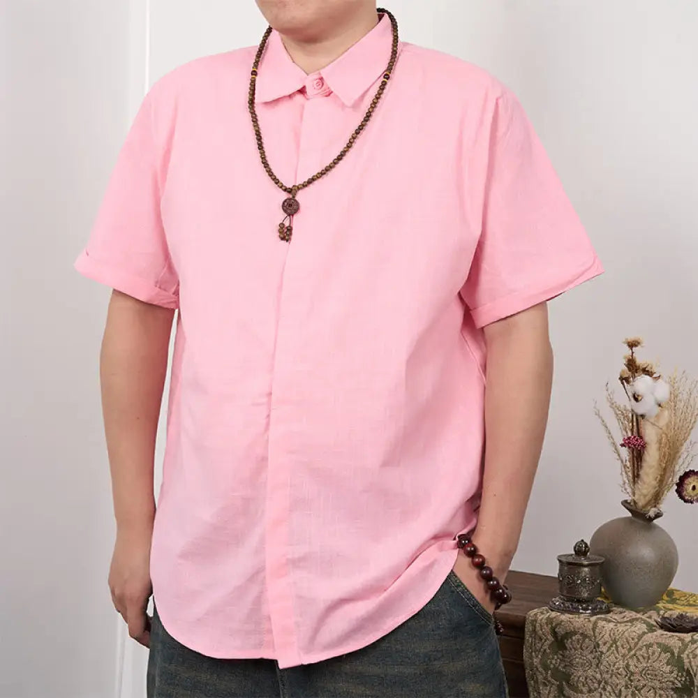 Buddha Stones Men’s Short Sleeve Button Casual Cotton Linen Shirt - Pink / US/UK/AU34，EU44 (S) - Men’s Shirts
