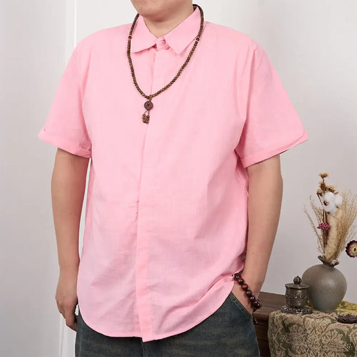 Buddha Stones Men’s Short Sleeve Button Casual Cotton Linen Shirt - Pink / US/UK/AU34，EU44 (S) - Men’s Shirts