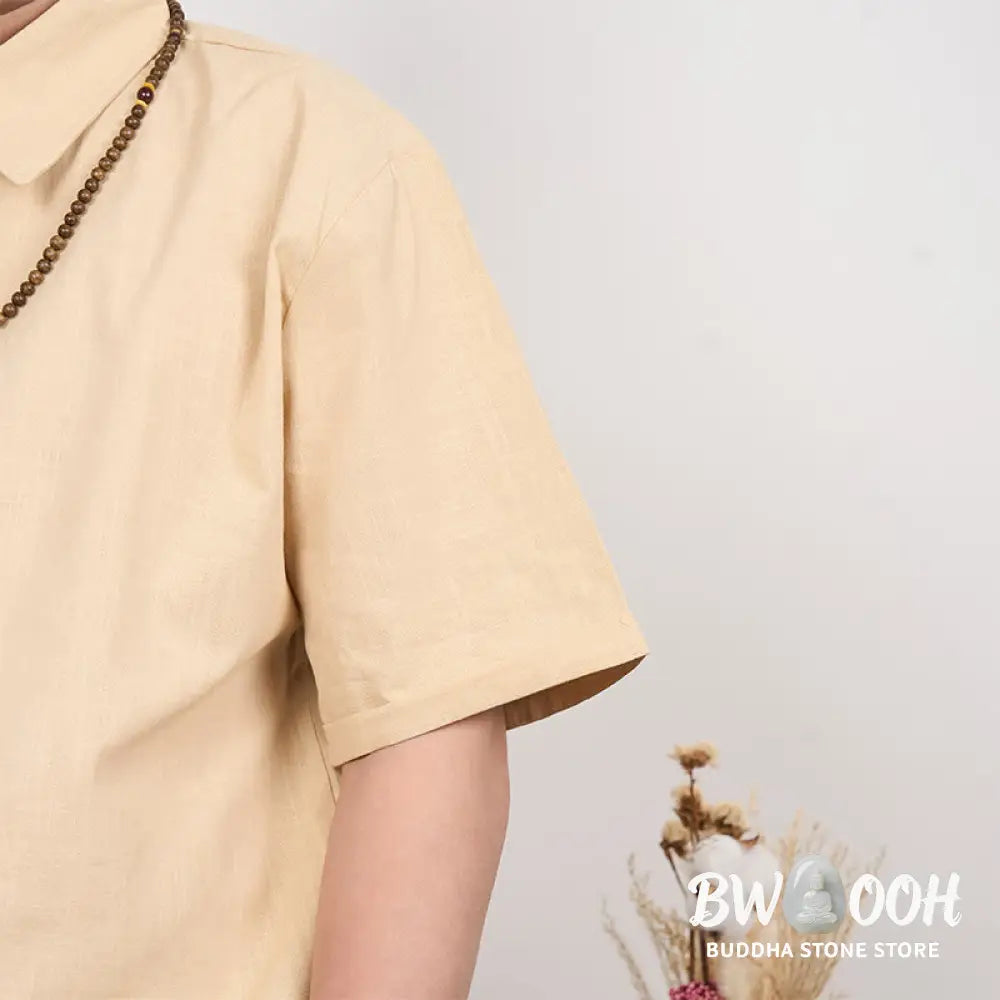 Buddha Stones Men’s Short Sleeve Button Casual Cotton Linen Shirt - Men’s Shirts