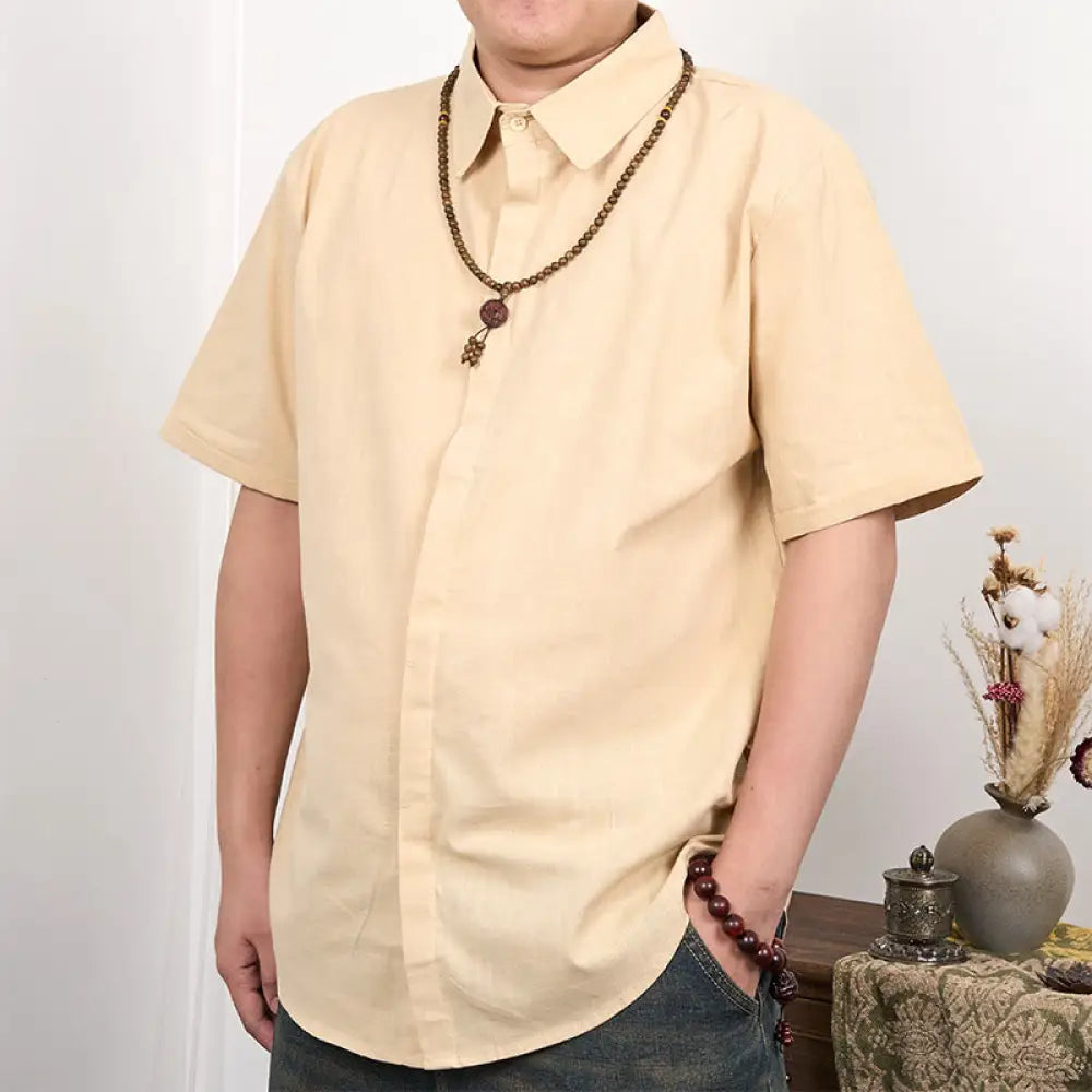 Buddha Stones Men’s Short Sleeve Button Casual Cotton Linen Shirt - Wheat / US/UK/AU34，EU44 (S) - Men’s Shirts