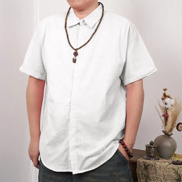 Buddha Stones Men’s Short Sleeve Button Casual Cotton Linen Shirt - White / US/UK/AU34，EU44 (S) - Men’s Shirts