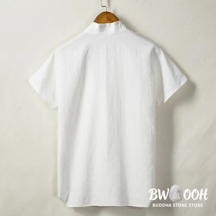 Buddha Stones Men’s Short Sleeve Shirt With Pocket V Neck Cardigan Comfort Cotton Linen Shirt - Men’s Shirts