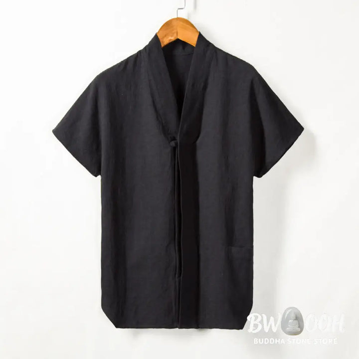 Buddha Stones Men’s Short Sleeve Shirt With Pocket V Neck Cardigan Comfort Cotton Linen Shirt - Men’s Shirts