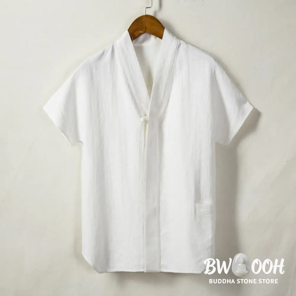 Buddha Stones Men’s Short Sleeve Shirt With Pocket V Neck Cardigan Comfort Cotton Linen Shirt - Men’s Shirts