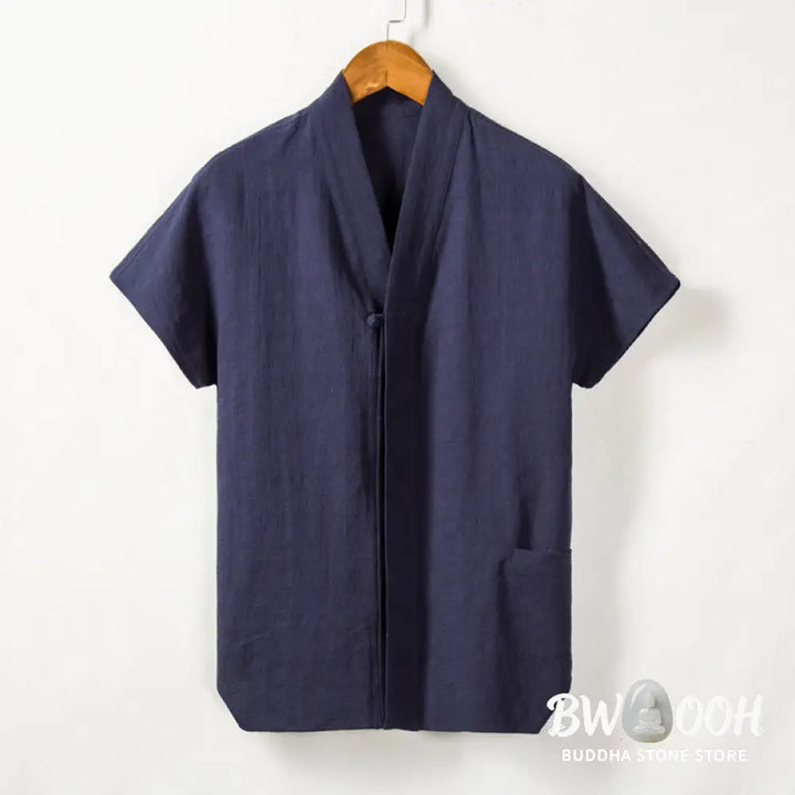 Buddha Stones Men’s Short Sleeve Shirt With Pocket V Neck Cardigan Comfort Cotton Linen Shirt - Men’s Shirts