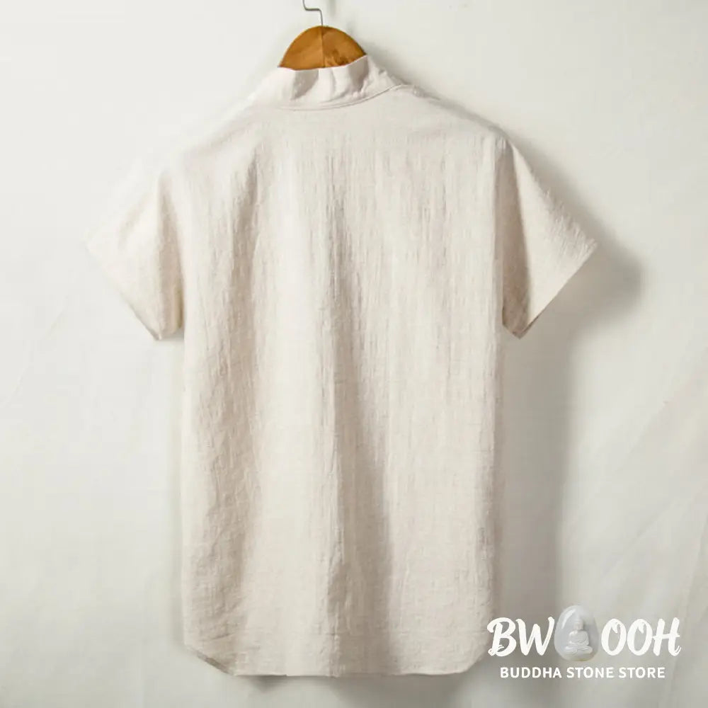 Buddha Stones Men’s Short Sleeve Shirt With Pocket V Neck Cardigan Comfort Cotton Linen Shirt - Men’s Shirts