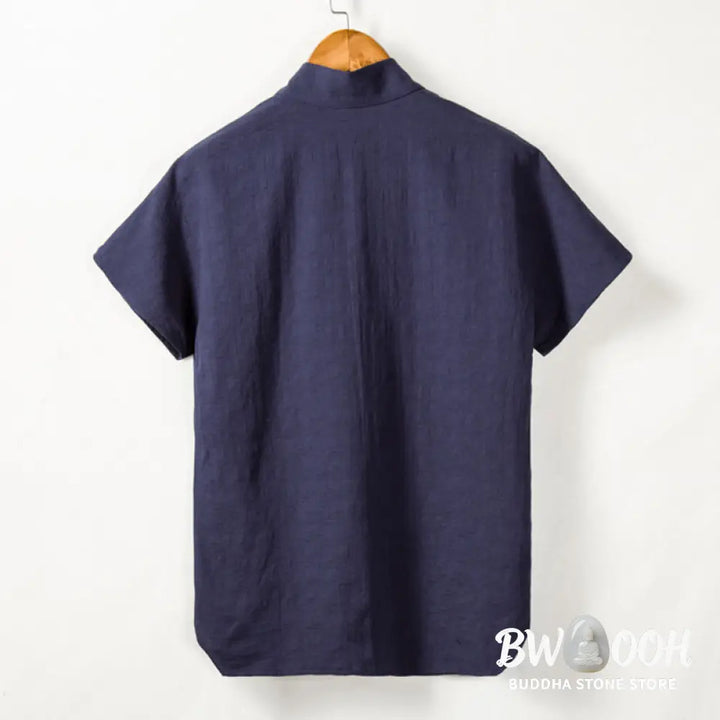 Buddha Stones Men’s Short Sleeve Shirt With Pocket V Neck Cardigan Comfort Cotton Linen Shirt - Men’s Shirts
