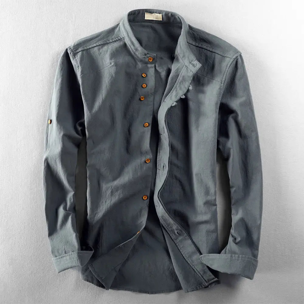 Buddha Stones Men’s Slim Fit Design Stand Collar Crew Neck Long Sleeve Cotton Linen Shirt - CadetBlue / US/UK/AU36，EU46