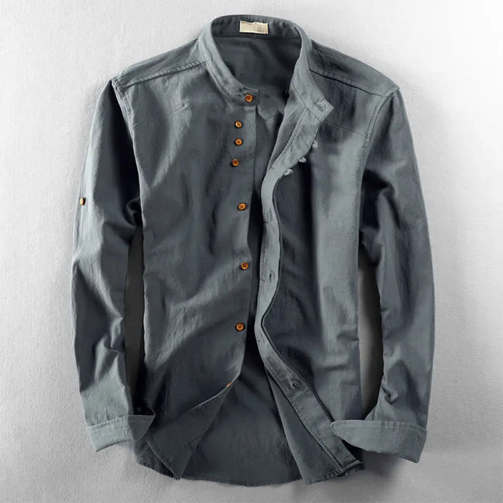 Buddha Stones Men’s Slim Fit Design Stand Collar Crew Neck Long Sleeve Cotton Linen Shirt - CadetBlue / US/UK/AU36，EU46