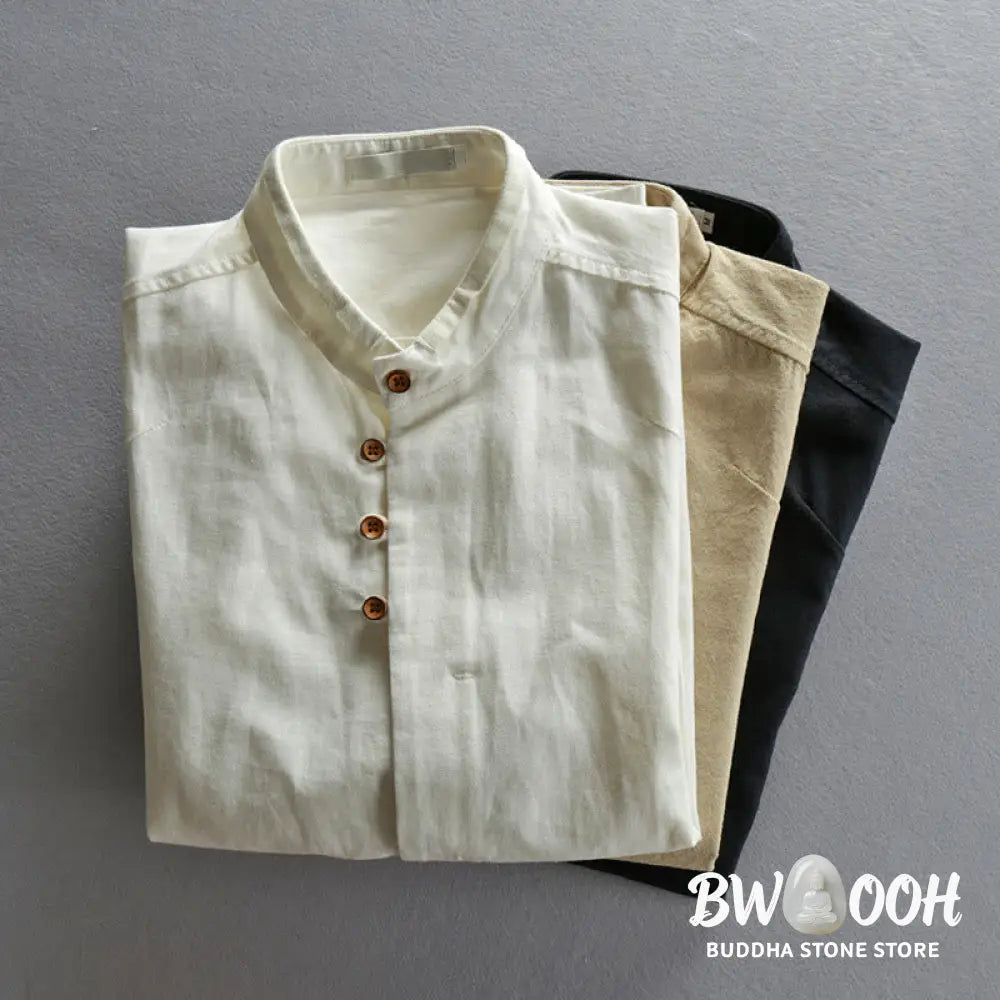 Buddha Stones Men’s Slim Fit Design Stand Collar Crew Neck Long Sleeve Cotton Linen Shirt - Men’s Shirts