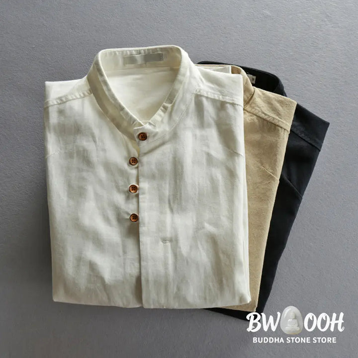 Buddha Stones Men’s Slim Fit Design Stand Collar Crew Neck Long Sleeve Cotton Linen Shirt - Men’s Shirts