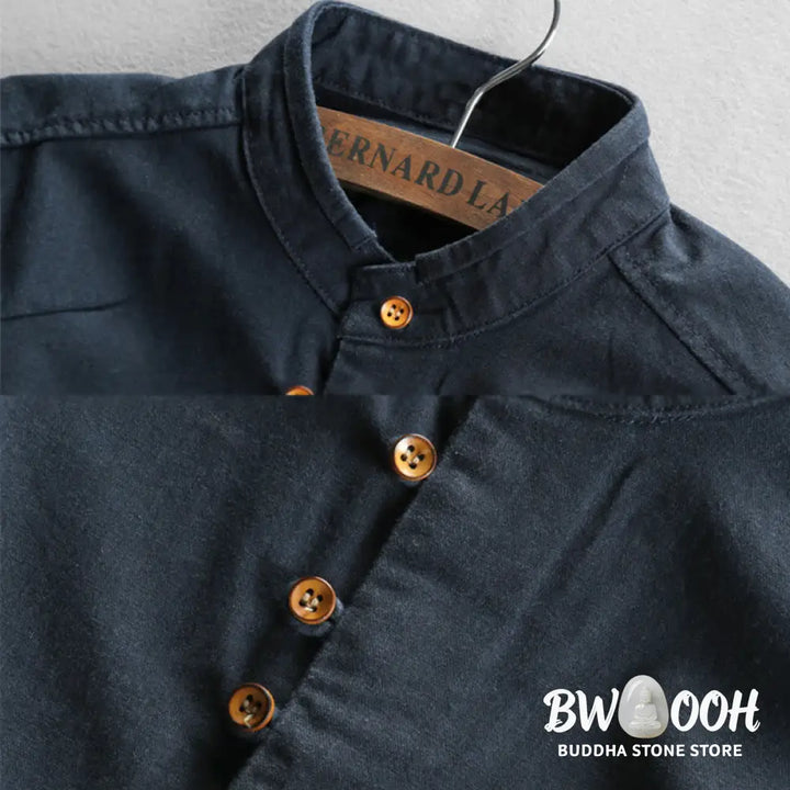 Buddha Stones Men’s Slim Fit Design Stand Collar Crew Neck Long Sleeve Cotton Linen Shirt - Men’s Shirts