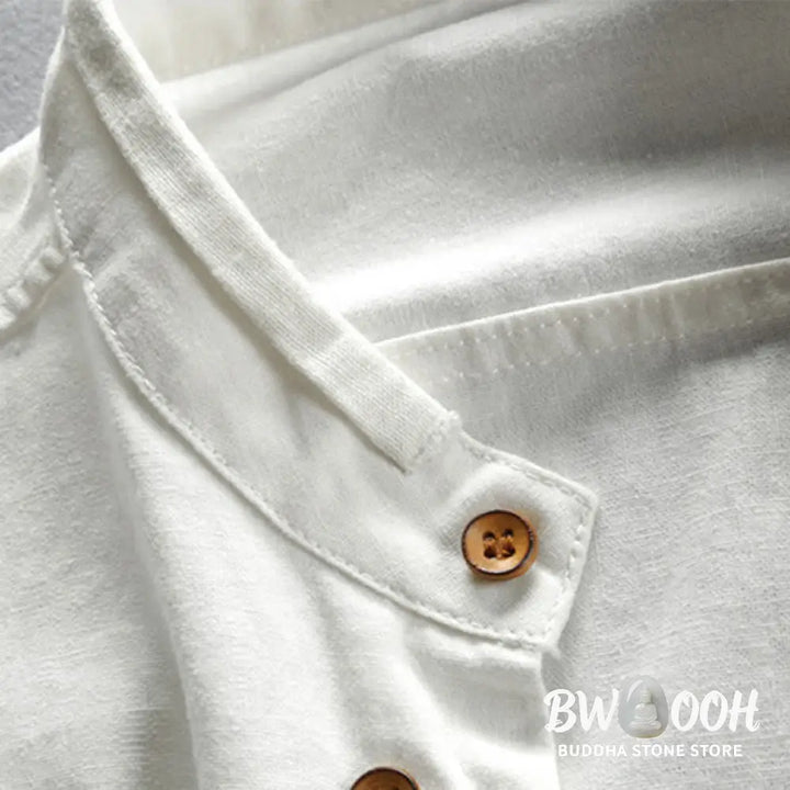 Buddha Stones Men’s Slim Fit Design Stand Collar Crew Neck Long Sleeve Cotton Linen Shirt - Men’s Shirts