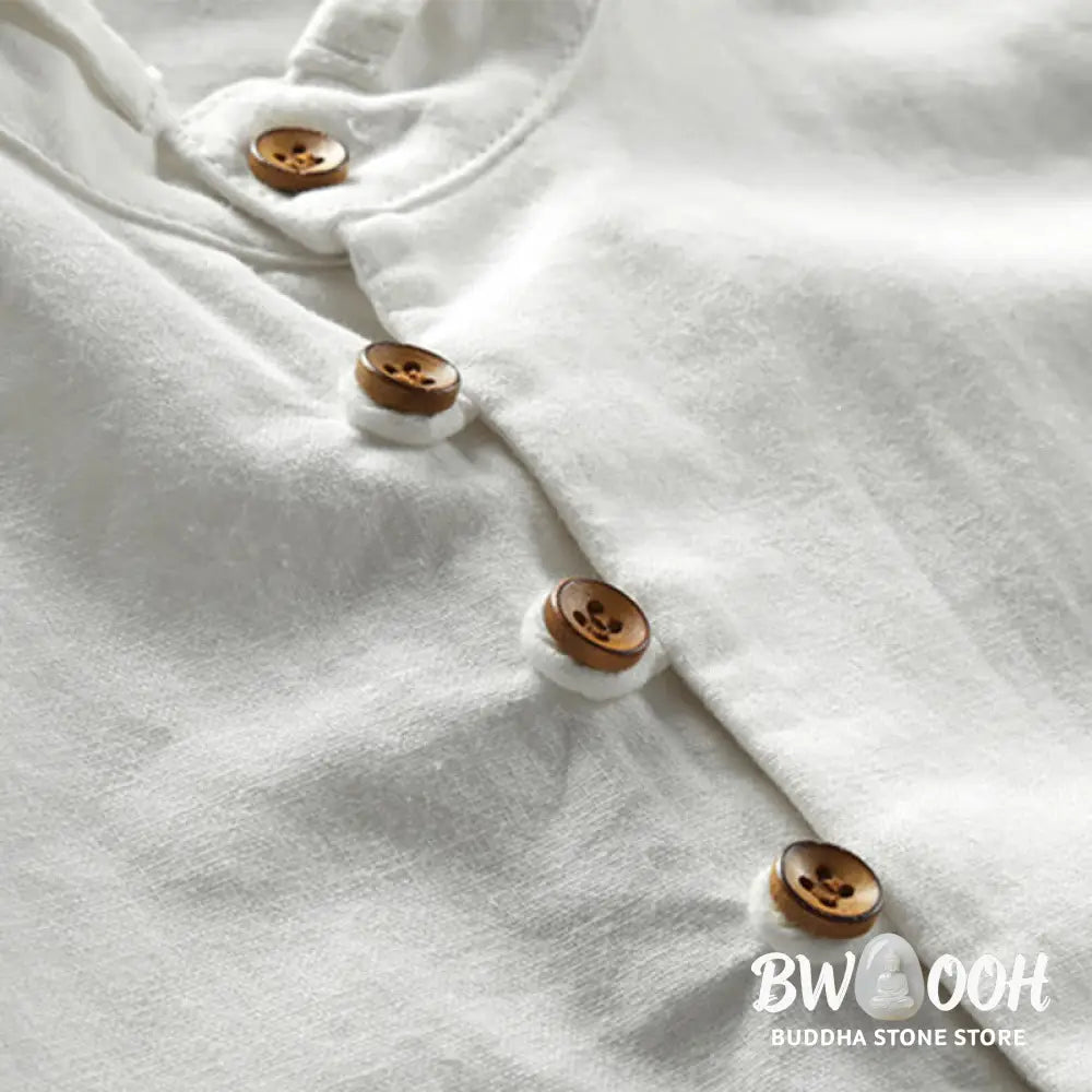 Buddha Stones Men’s Slim Fit Design Stand Collar Crew Neck Long Sleeve Cotton Linen Shirt - Men’s Shirts