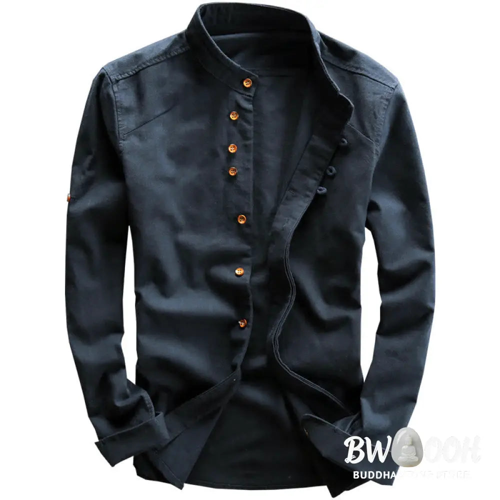 Buddha Stones Men’s Slim Fit Design Stand Collar Crew Neck Long Sleeve Cotton Linen Shirt - Men’s Shirts