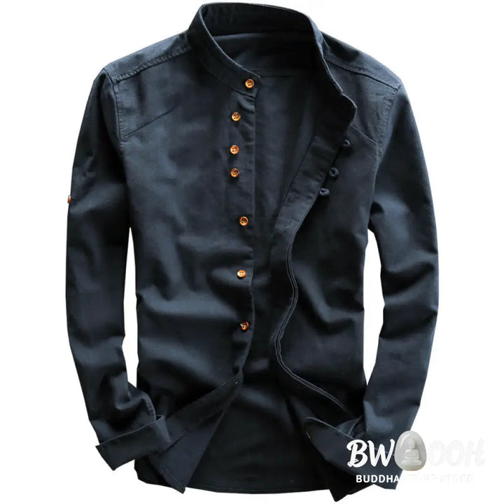 Buddha Stones Men’s Slim Fit Design Stand Collar Crew Neck Long Sleeve Cotton Linen Shirt - Men’s Shirts