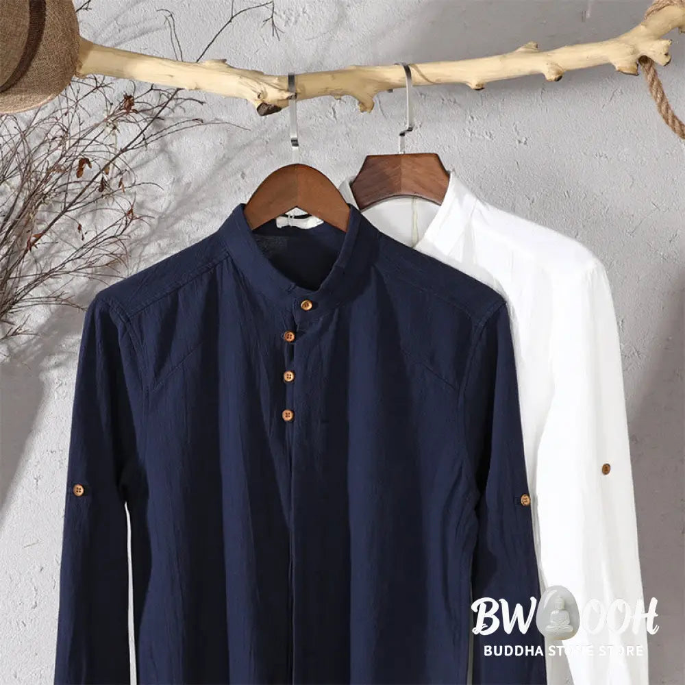 Buddha Stones Men’s Slim Fit Design Stand Collar Crew Neck Long Sleeve Cotton Linen Shirt - Men’s Shirts