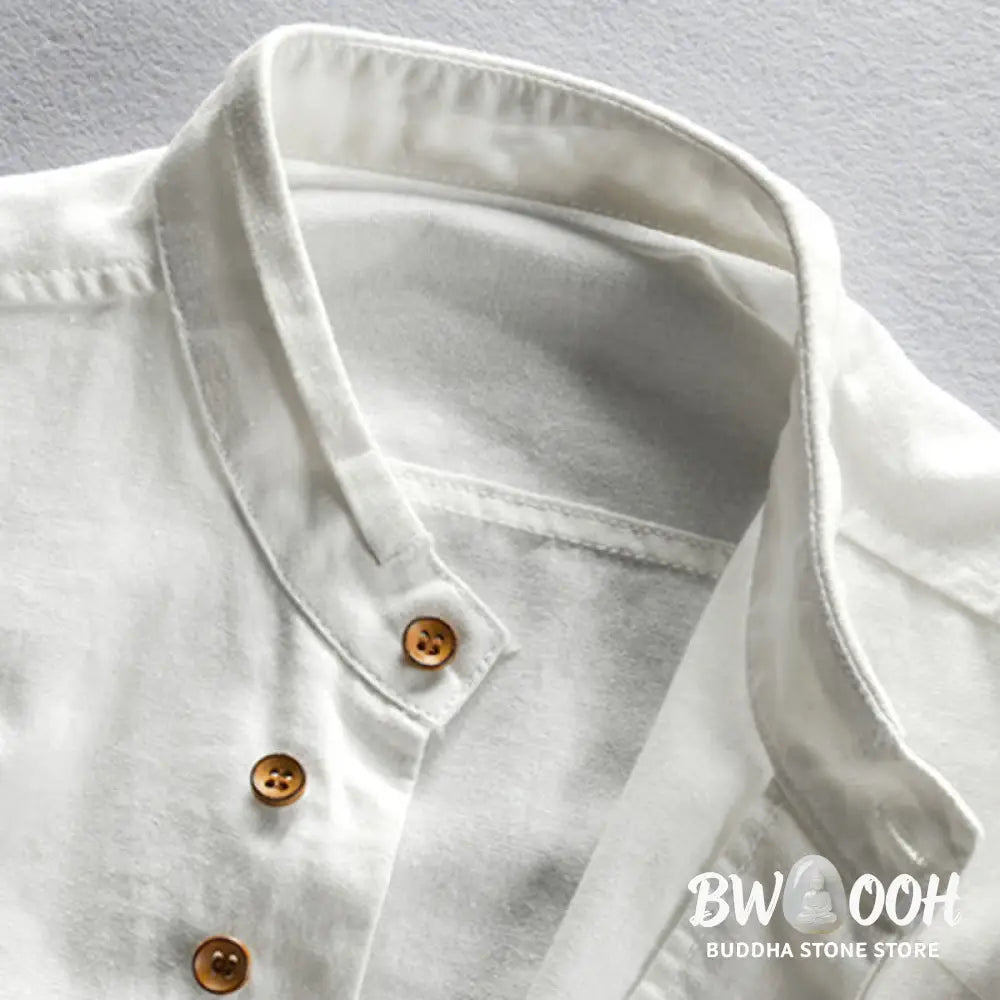Buddha Stones Men’s Slim Fit Design Stand Collar Crew Neck Long Sleeve Cotton Linen Shirt - Men’s Shirts