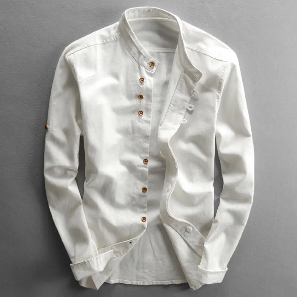 Buddha Stones Men’s Slim Fit Design Stand Collar Crew Neck Long Sleeve Cotton Linen Shirt - White / US/UK/AU36，EU46 (L)