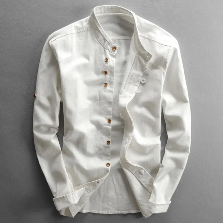 Buddha Stones Men’s Slim Fit Design Stand Collar Crew Neck Long Sleeve Cotton Linen Shirt - White / US/UK/AU36，EU46 (L)