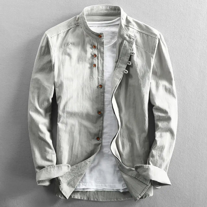 Buddha Stones Men’s Slim Fit Design Stand Collar Crew Neck Long Sleeve Cotton Linen Shirt - WhiteSmoke